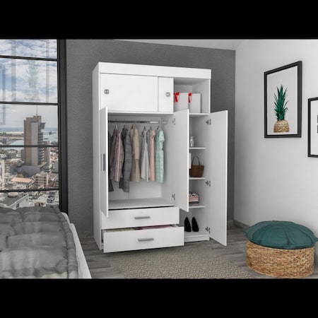 Tuhome Chile Armoire, Rod, 3 Door Cabinet, 2 Drawers, 2 Superior Adjustable Shelves, Metal Hardware, White CLB5949